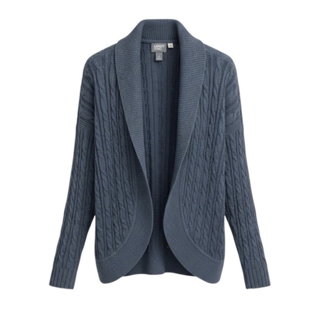 Lands' End Women Large Cardigan Sweater Blue Cable Knit Open Front Cotton Shawl